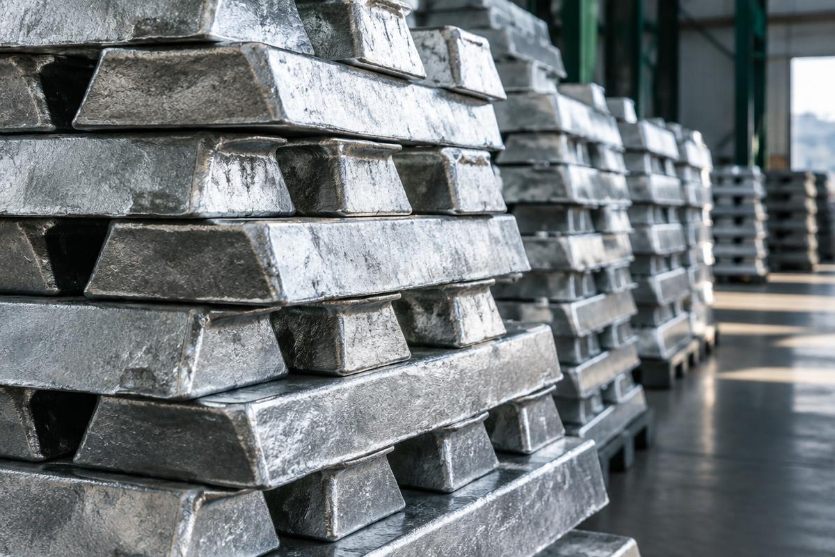 Neatly stacked silver aluminium ingots