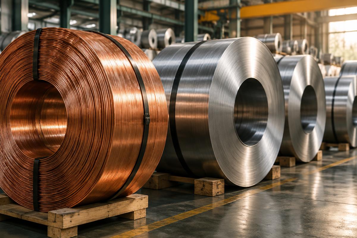 Copper and silver metal coils in a warehouse