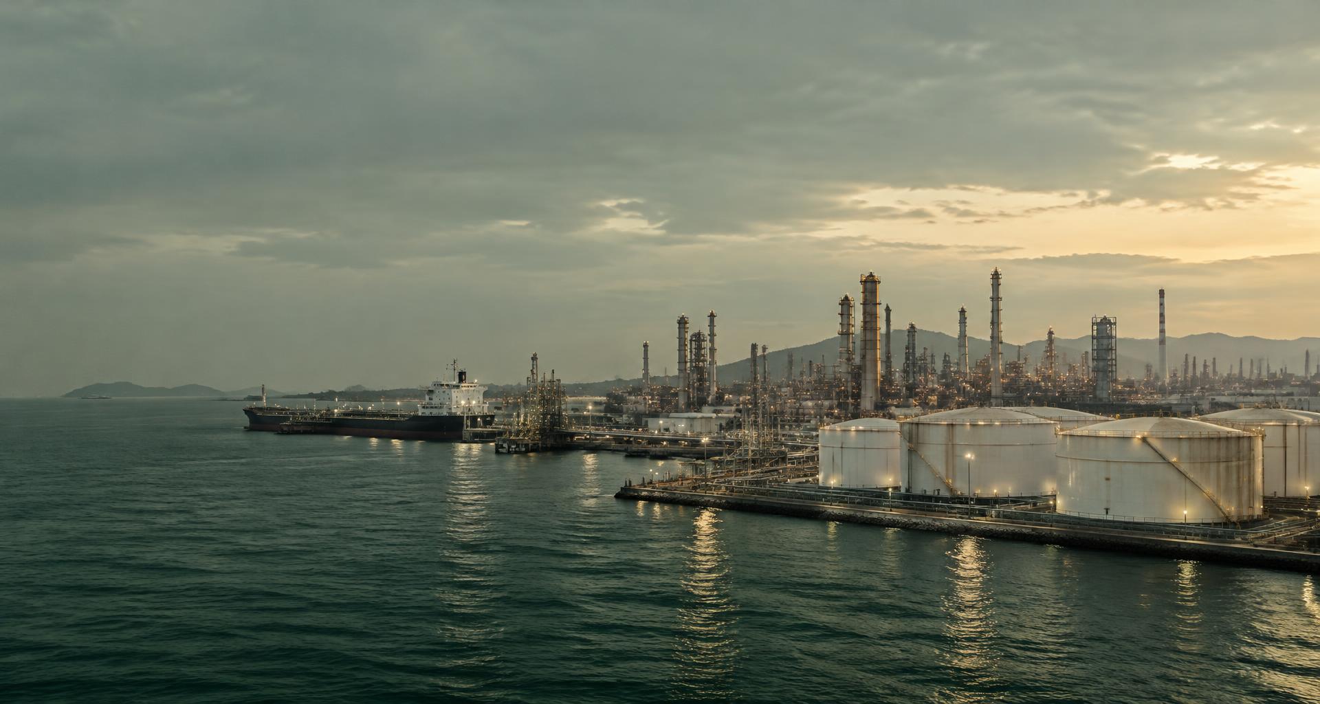 Petroleum storage tanks and a coastal refinery